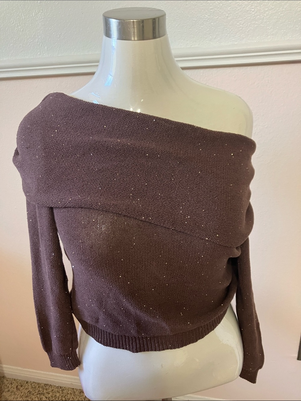 Off-the-Shoulder Knit Sweater in brown with Subtle Sparkle